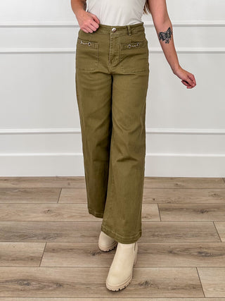Olive green high-rise wide-leg denim jeans with front pockets and belt loops