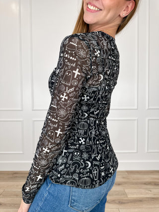 Creep it Real Sheer Long Sleeve Black Avery Mae Top