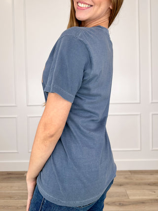 Women’s blue cotton short-sleeve crew tee, plain side view