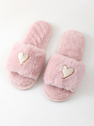 Plush heart slippers, light pink fuzzy slide style with gold heart appliques