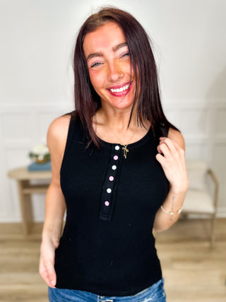 POL rayon blend tank top, black sleeveless with button-front henley placket