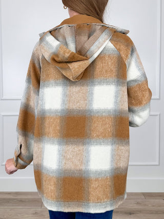 Camel and white plaid hooded back of jacket with long sleeves and drawstring hood