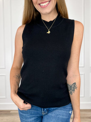 Black knit tank top with sleeveless crew neckline