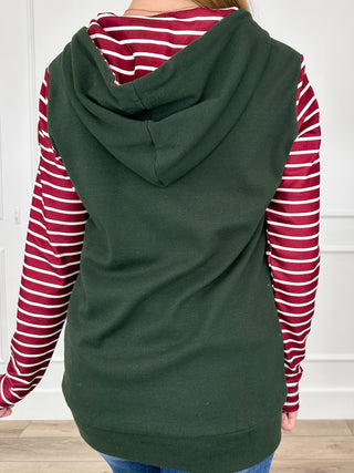 Dark green hooded half-zip sweatshirt with red-and-white striped long sleeves