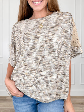 Easel Let's Investigate it Knit Short Sleeve Tan Top