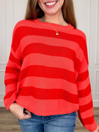Red knit long-sleeve sweater top with wide horizontal stripes and round neckline