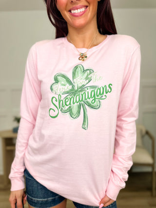 Here for the Shenanigans Cotton Long Sleeve Pink Avery Mae Graphic Tee Shirt