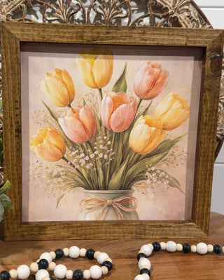 Vintage tulip wood sign with framed floral print and tulip bouquet, tied with ribbon