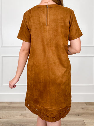 Cognac faux suede shift dress with short sleeves, back yoke seam, scalloped hem