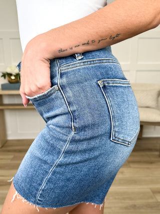 Risen Tilly Tummy Control Denim Shorts - Medium Wash (Raw Hem, Non-Distressed)