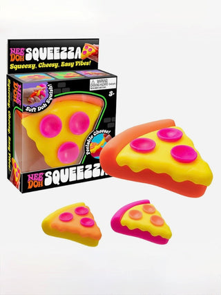 Cheesy pizza squishy toy, orange-yellow slice with three pink circular spots