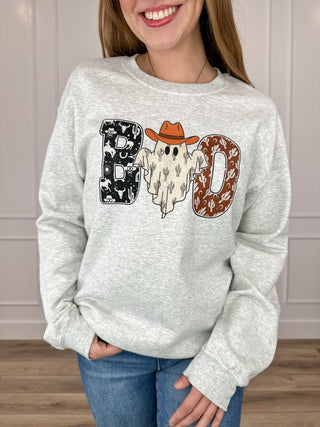 Boo Buckaroo Cotton Blend Long Sleeve Grey Avery Mae Graphic Crewneck Sweatshirt (Gildan)