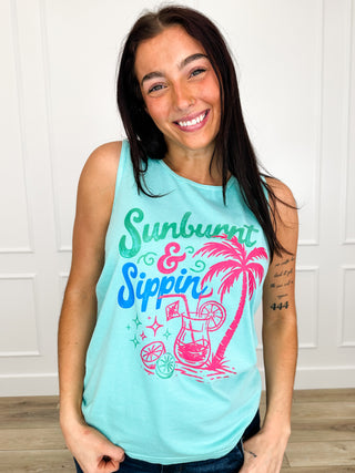 Sunburnt & Sippin' Cotton Blue Avery Mae Graphic Tank Top (Comfort Colors)