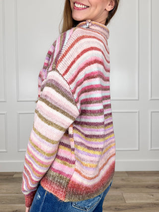 Multicolor striped knit long-sleeve mock neck sweater, side view
