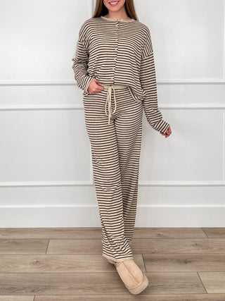 Sand-and-black striped knit set: long-sleeve top with drawstring high-rise wide-leg pants.