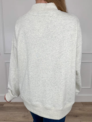 Grey cotton-blend long-sleeve mock-neck sweatshirt, plain back view