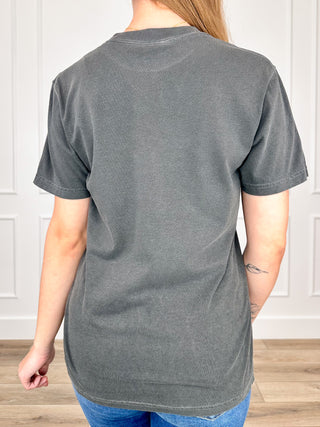 Grey short-sleeve cotton tee, back view