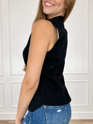 Black knit tank top, sleeveless with curved side hem