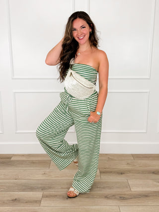Green and white striped strapless tube top and wide-leg pants set with drawstring waist