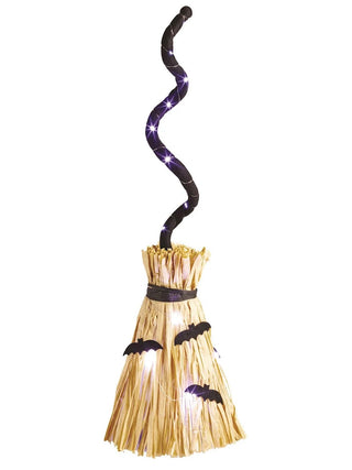 Light-up witch broom, straw bristles with purple bat silhouette lights