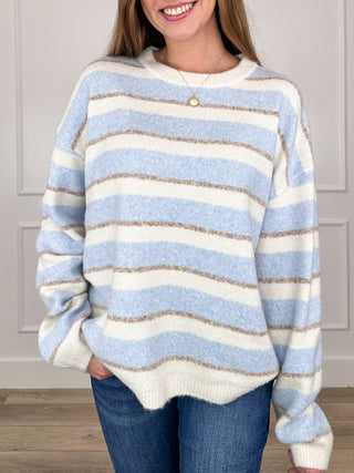 Blue and cream striped knit long sleeve crewneck sweater top
