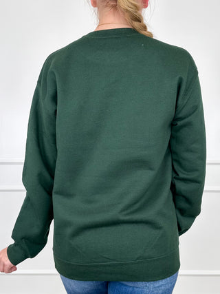 Back of a green crewneck sweatshirt with long sleeves and a plain design