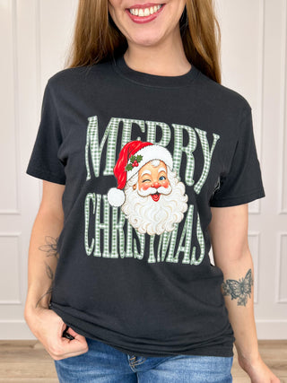 Black short-sleeve cotton graphic T-shirt with Merry Christmas Santa front print