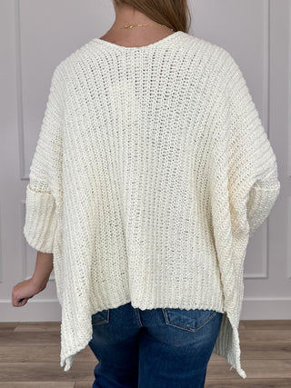Ivory knit cardigan back view with loose drape and 3/4 sleeves