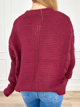 Wine red knit long-sleeve sweater with ribbed crew neck and back seam detail, back view