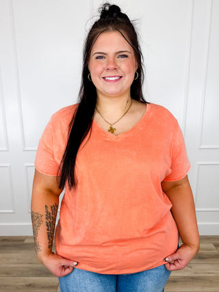Orange cotton short-sleeve V-neck top, relaxed fit