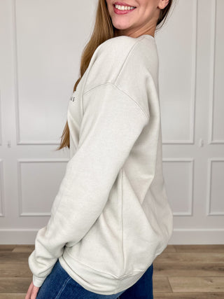 Oat crewneck sweatshirt with long sleeves, side view