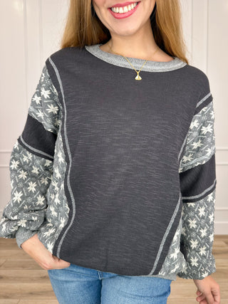 Cotton-blend long-sleeve top, dark gray with white star print sleeves
