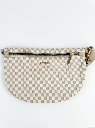 Taupe checkered woven crossbody sling bag with zip top and adjustable strap