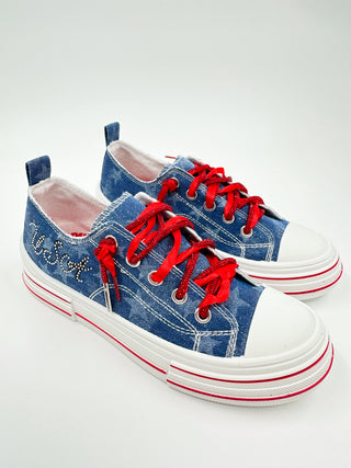 Denim sneakers with sparkle detail, red laces, white rubber sole and toe cap