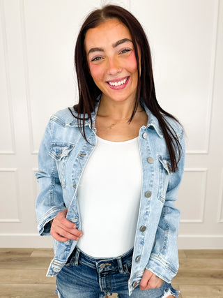 Risen Sybil Distressed Cotton Blend Long Sleeve Light Wash Denim Jacket