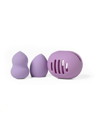 Purple makeup blending sponge set with two teardrop sponges and grooved round tool