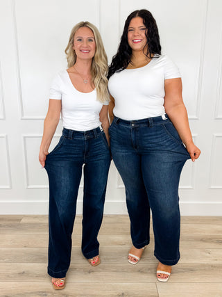 Judy Blue Maisie High-Rise Wide Leg Jeans - Dark Wash (Double Button, Non-Distressed)