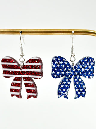 Patriotic Red, White, and Bow Drop Earrings