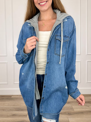 Distressed medium-wash denim hoodie jacket with gray hood lining and front pockets
