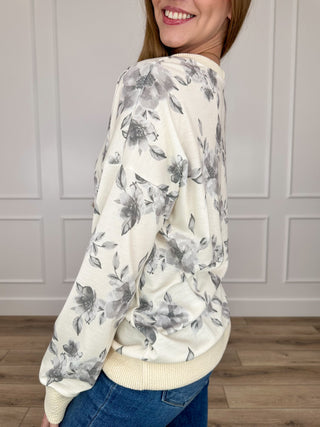 Floral long-sleeve sweater top, off-white knit with grey leaves and ribbed cuffs