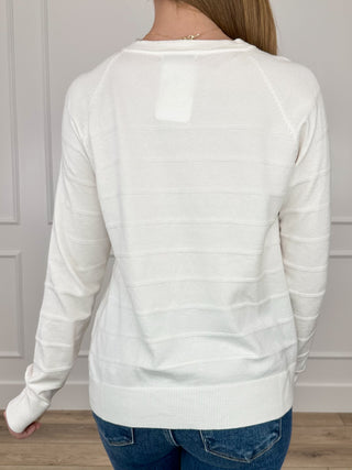 Ivory knit long-sleeve sweater, plain back with ribbed hem