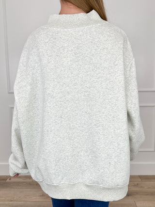 Light heather grey mock-neck sweatshirt back view with solid knit texture