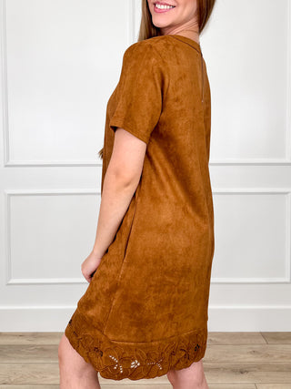 Cognac faux suede shift dress, short sleeves, embroidered scalloped hem, side view