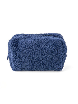 Navy blue fuzzy travel toiletry bag with zippered top
