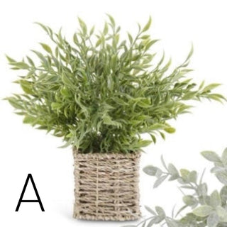 Artificial herb plant in woven basket, bright green sprigs
