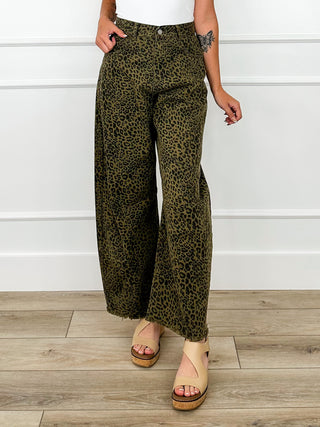 High-rise leopard print barrel jeans in dark olive, wide leg with front pockets