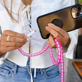 Pink beaded phone charger cable with phone clip and charging connectors