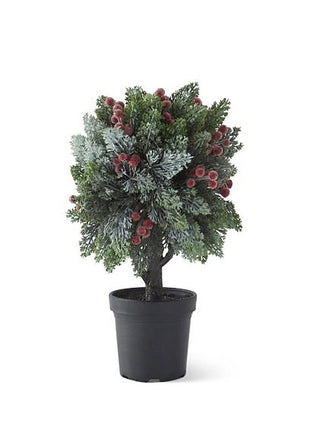 Artificial Christmas topiary tree in black pot with frosted green foliage and red berries