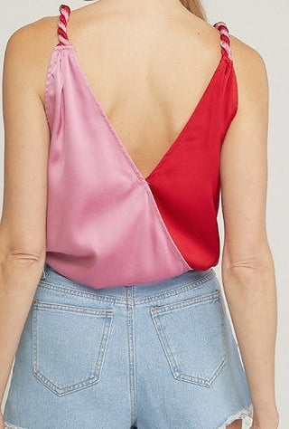 Two-tone satin bodysuit top, red and pink, crisscross open back with tied straps