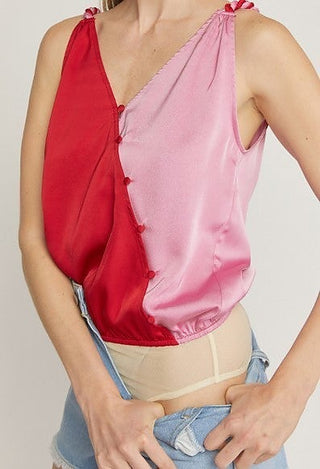 Two-tone satin bodysuit top, red and pink, V neckline with pom trim at center